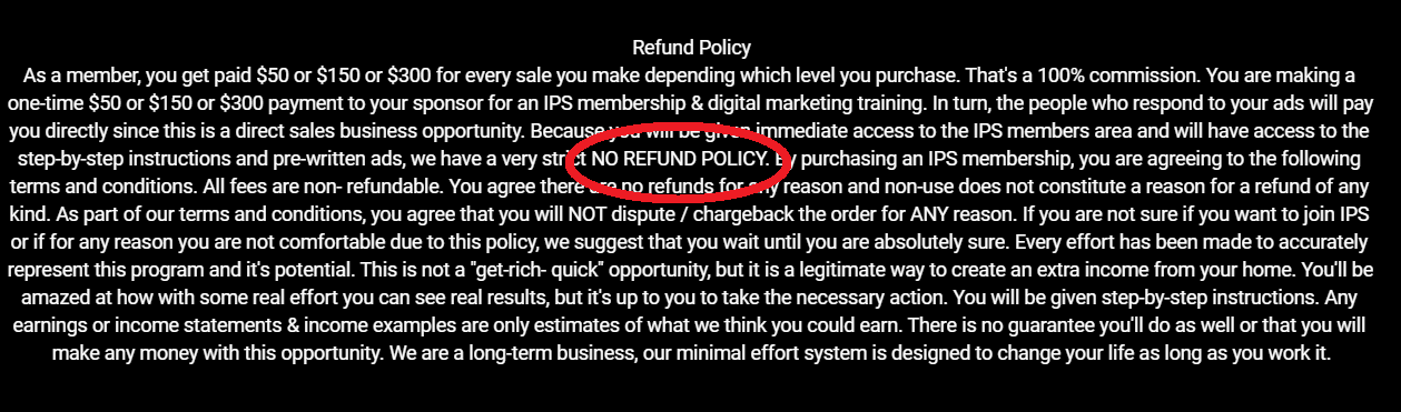 Infinity Processing System No refund policy