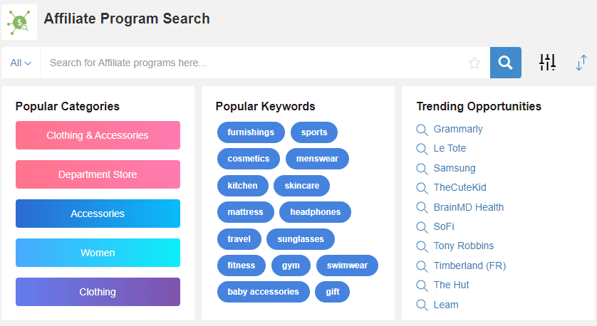 Affiliate Program Search Menu