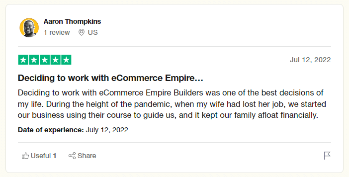 eCommerce Empire Builders TrustPilot Positive comment 3