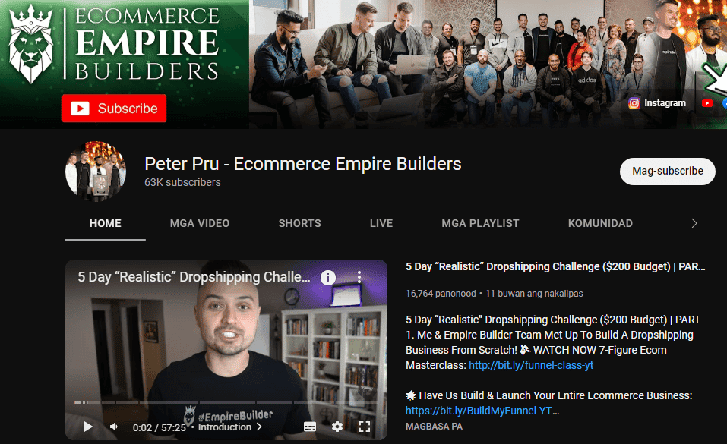 eCommerce Empire Builders Peter Pru Youtube Channel
