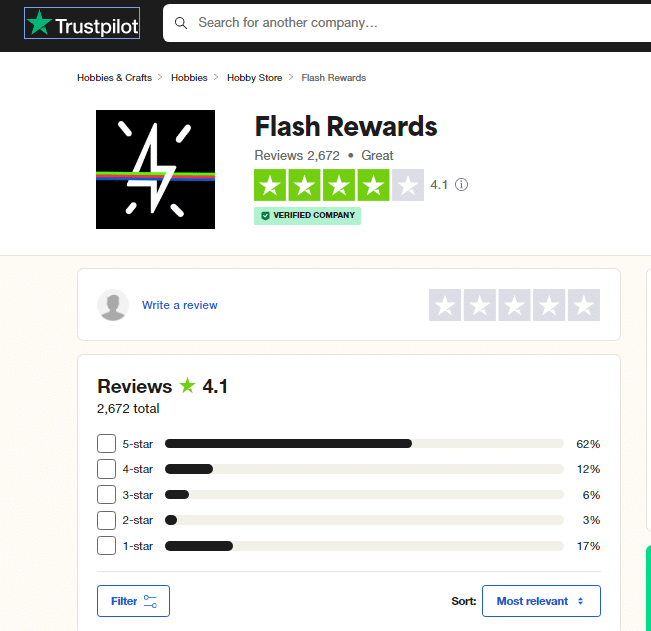 Flash Rewards Trust Pilot rating