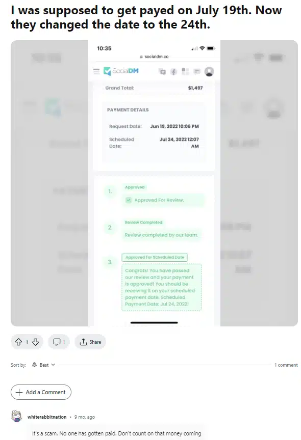 SocialDM no payment proof