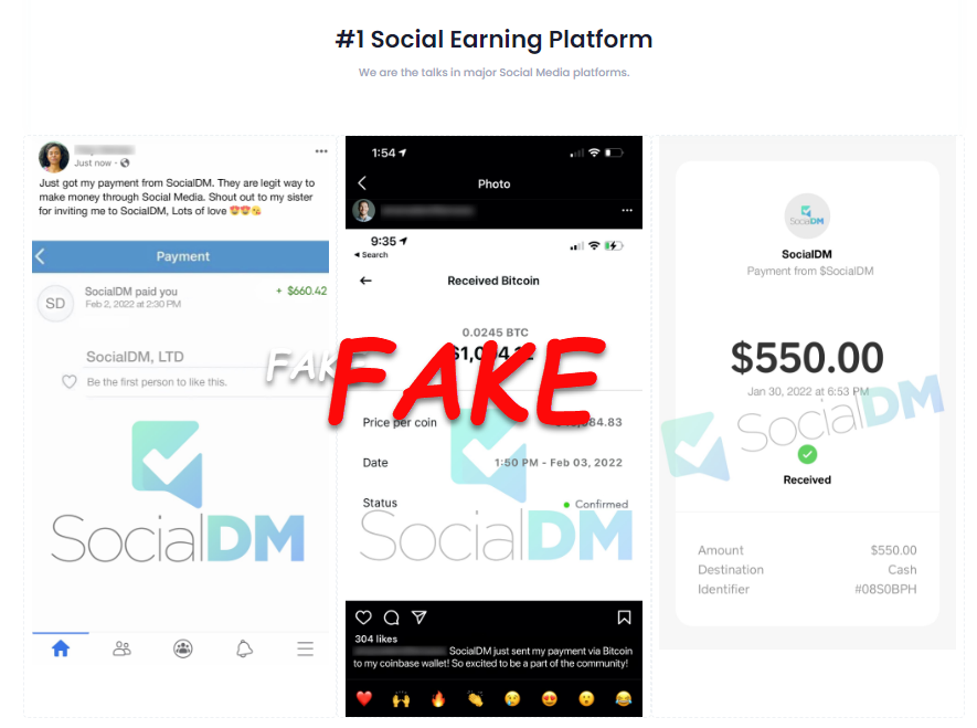 SocialDM Fake income proof on their website