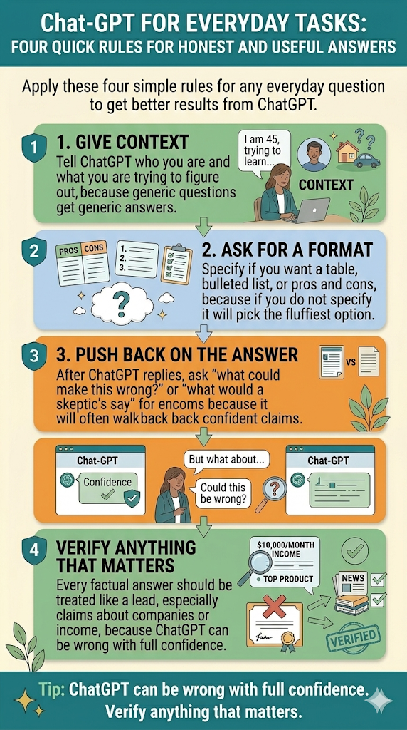 Numbered list of four quick rules for getting better ChatGPT answers including giving context, asking for a format, pushing back on the answer, and verifying anything that matters.