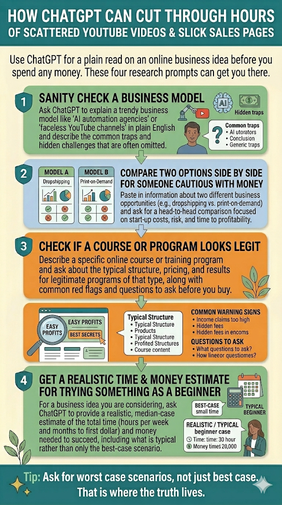 Numbered list of four ways to use ChatGPT to research an online business idea including sanity checking a business model, comparing two options, checking if a program looks legit, and getting a realistic time and money estimate.
