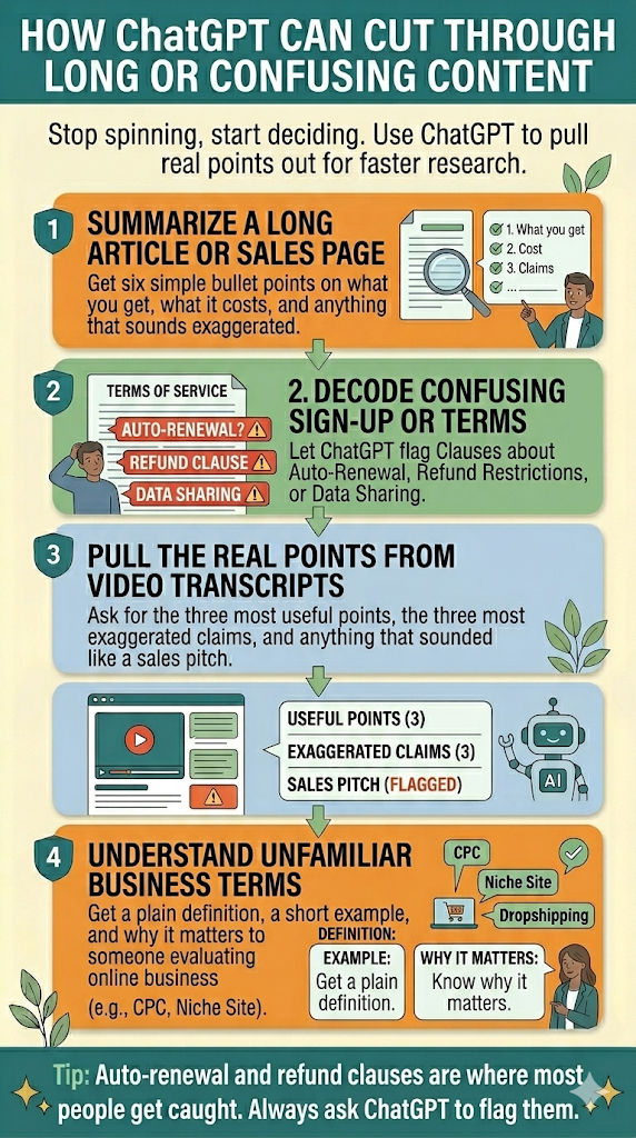 Numbered list of four ways to use ChatGPT to make sense of long or confusing content including summarizing articles, decoding sign-up pages, pulling real points from long videos, and understanding unfamiliar terms.