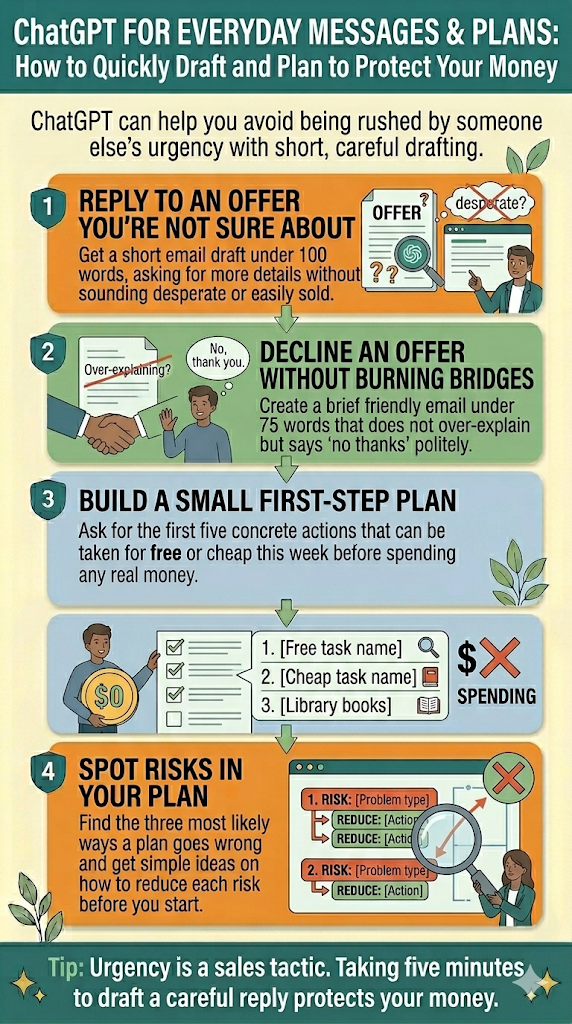 Numbered list of four ways to use ChatGPT to draft a short message or simple plan including replying to an unclear offer, declining politely, building a small first-step plan, and spotting risks in a plan.
