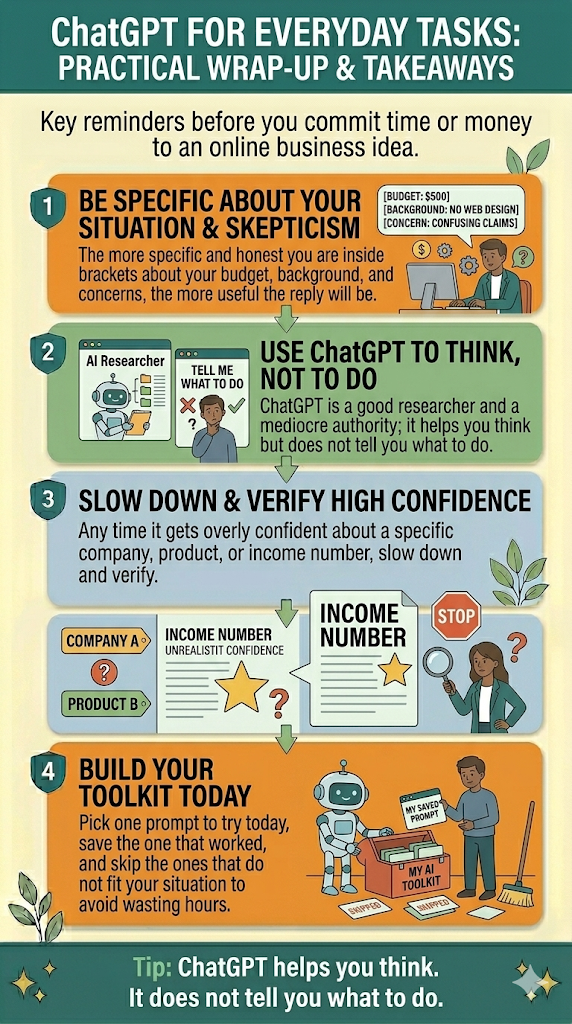 Numbered closing checklist of four takeaways for cautious readers using ChatGPT at the evaluation stage including being specific in prompts, remembering ChatGPT is a researcher not an authority, verifying confident claims, and picking one prompt to try today.