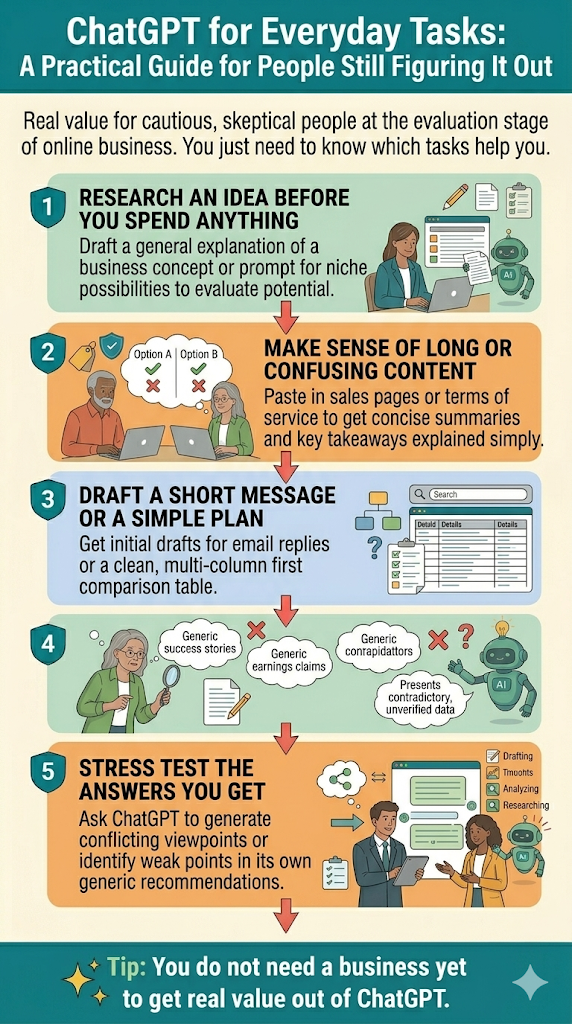 Numbered list of four everyday tasks ChatGPT can help with at the evaluation stage including researching ideas, making sense of long content, drafting short messages, and stress testing answers.