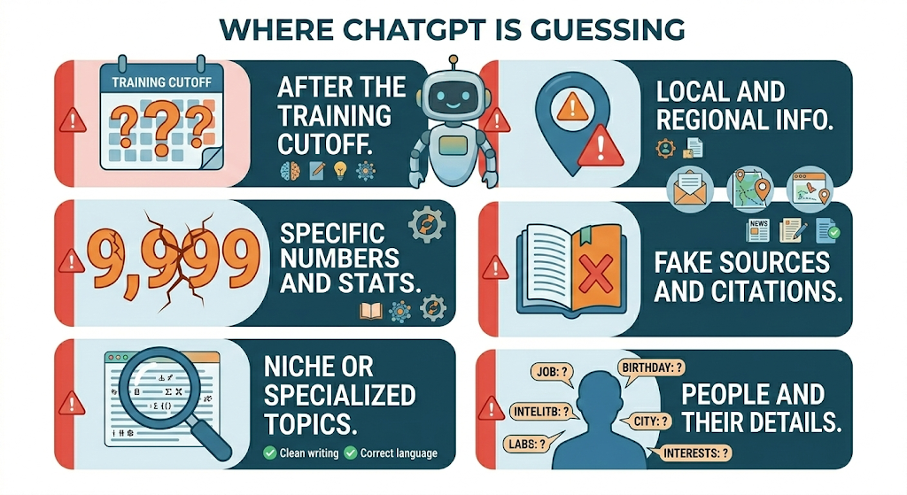 Infographic showing 6 areas where ChatGPT is guessing: after training cutoff, local and regional info, specific numbers and stats, fake sources, niche topics, and people's personal details