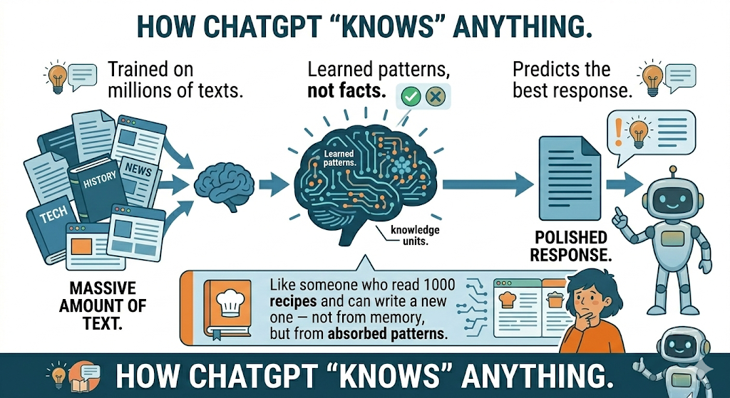 Diagram explaining how ChatGPT knows anything: trained on massive text, learns patterns not facts, then predicts the best polished response — like someone who absorbed 1000 recipes