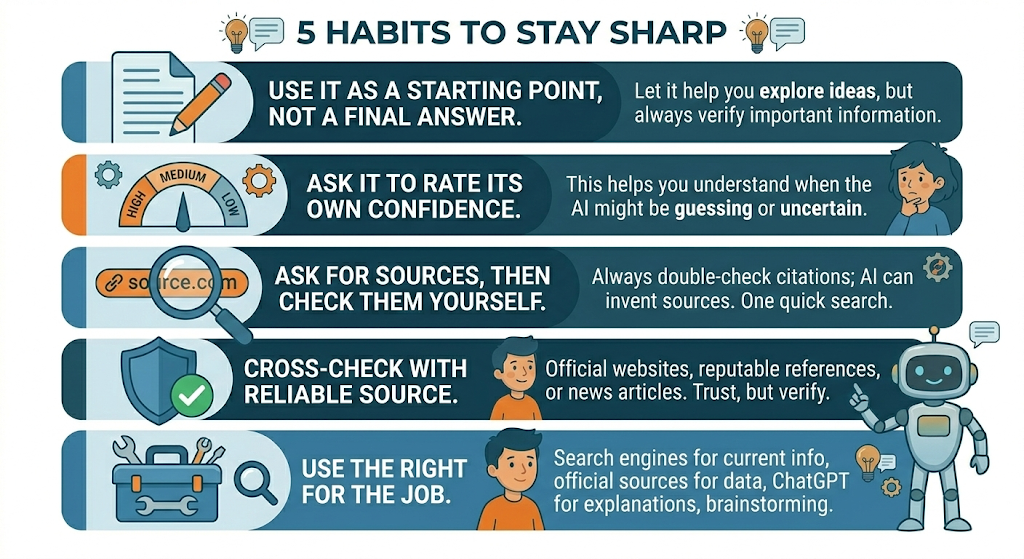 Infographic showing 5 habits to stay sharp with AI: use it as a starting point, ask it to rate its confidence, verify sources yourself, cross-check with reliable sources, and use the right tool for the job
