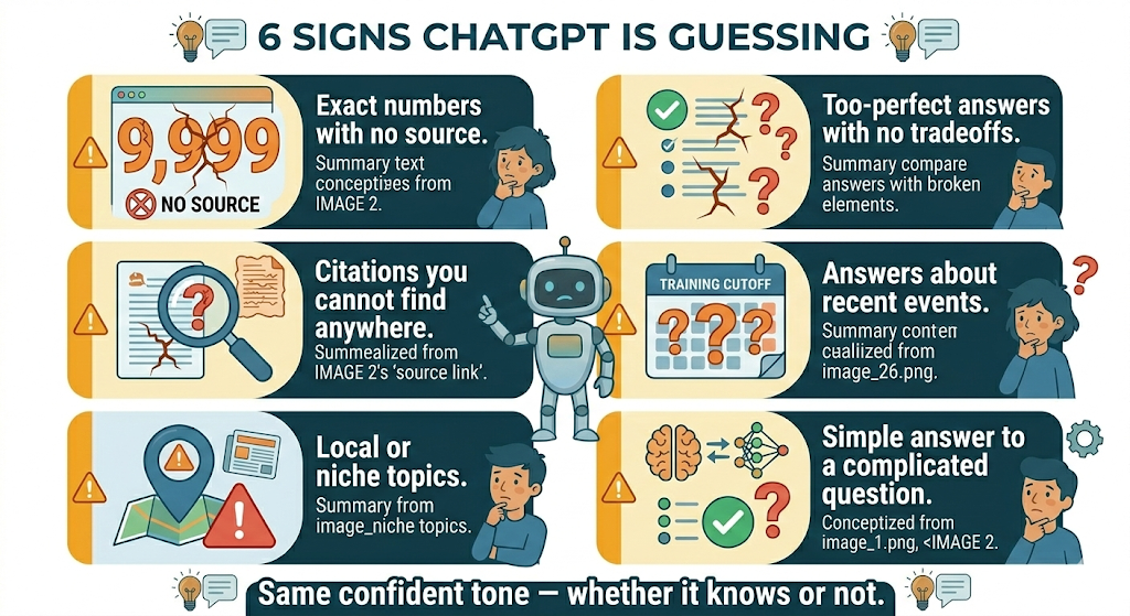 Infographic listing 6 signs ChatGPT is guessing: exact numbers with no source, too-perfect answers, unfindable citations, recent events, niche topics, and simple answers to complex questions