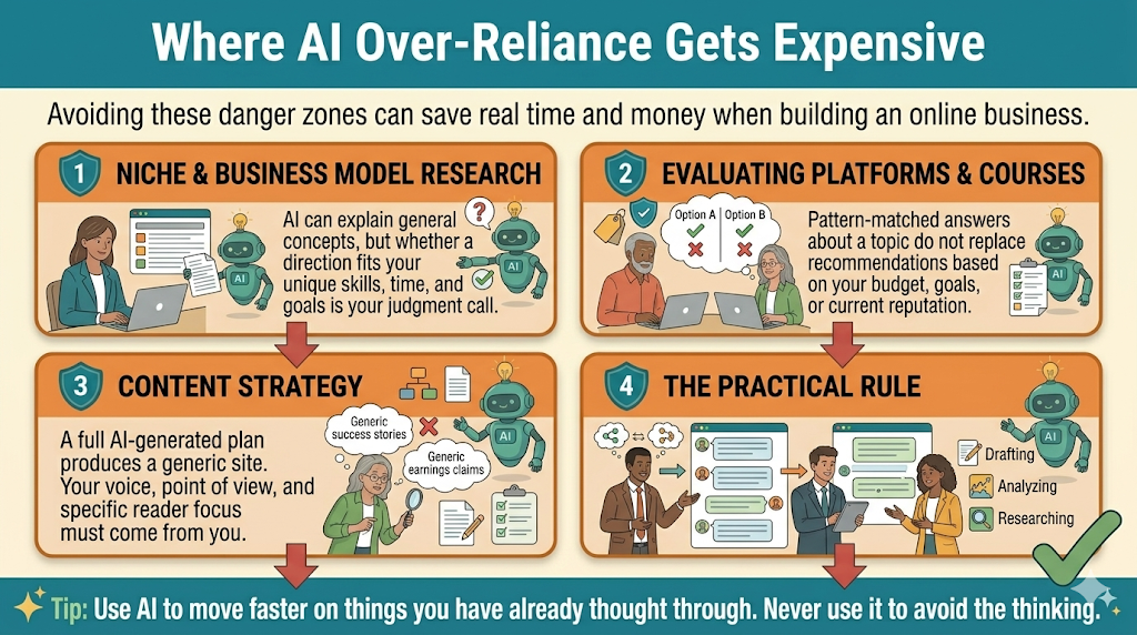 Four-panel infographic showing three danger zones where over-relying on AI thinking is costly when building an online business, covering niche research, platform evaluation, and content strategy, plus the practical rule to think first and use AI to execute.