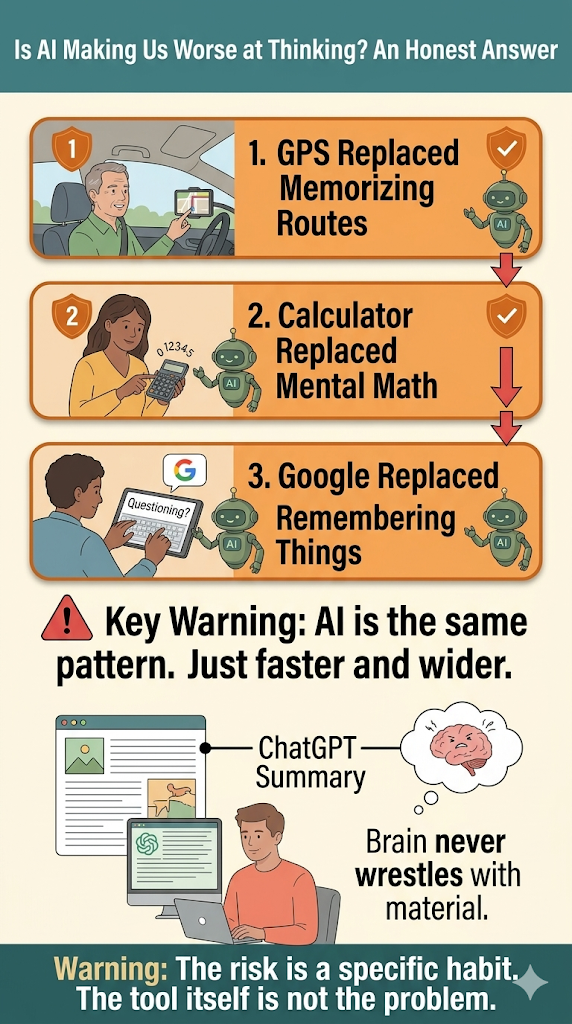 Visual showing three historical examples of tools replacing mental tasks, GPS, calculator, and Google, followed by a warning that AI follows the same pattern just faster.