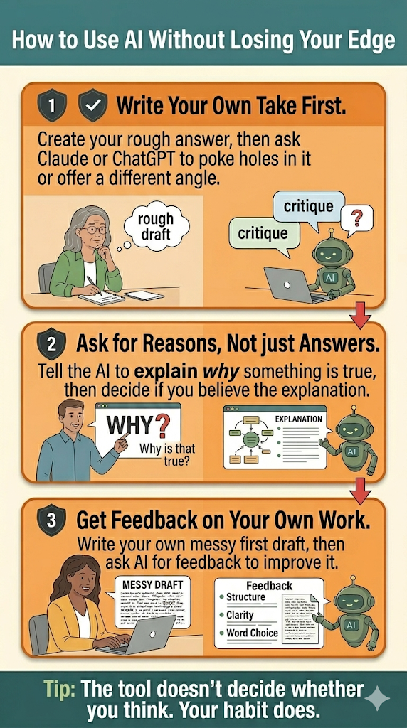 Numbered list of three active thinking habits that use AI as a partner rather than a replacement, including drafting first, asking why, and writing before asking for feedback.