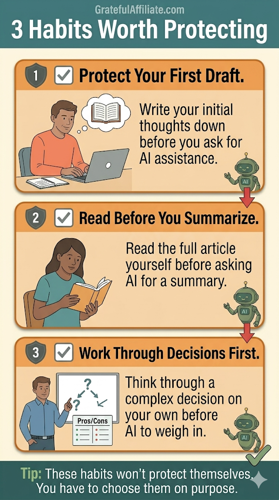 Checklist of three specific thinking habits worth protecting: writing your own draft first, reading before asking for a summary, and deciding before asking AI to weigh in.