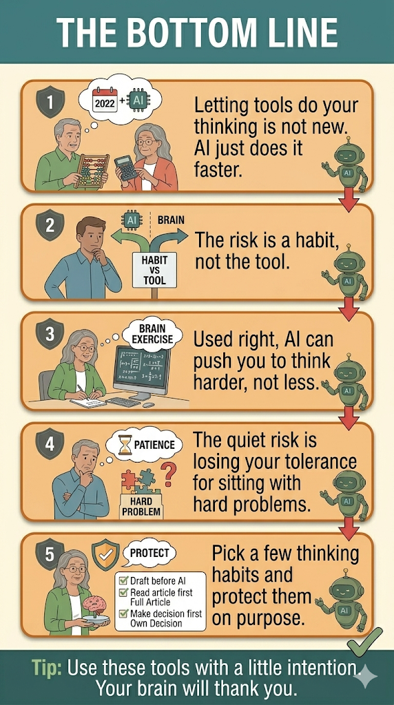 Five-item summary list of the key takeaways from the post, ending with the reminder to use AI with intention and protect a few thinking habits on purpose.