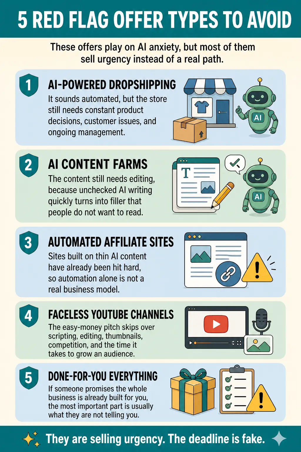 Numbered warning list of five red flag AI income offer types to avoid, including AI content farms, automated affiliate sites, and done-for-you everything, with a warning that sellers are selling urgency not a real path.