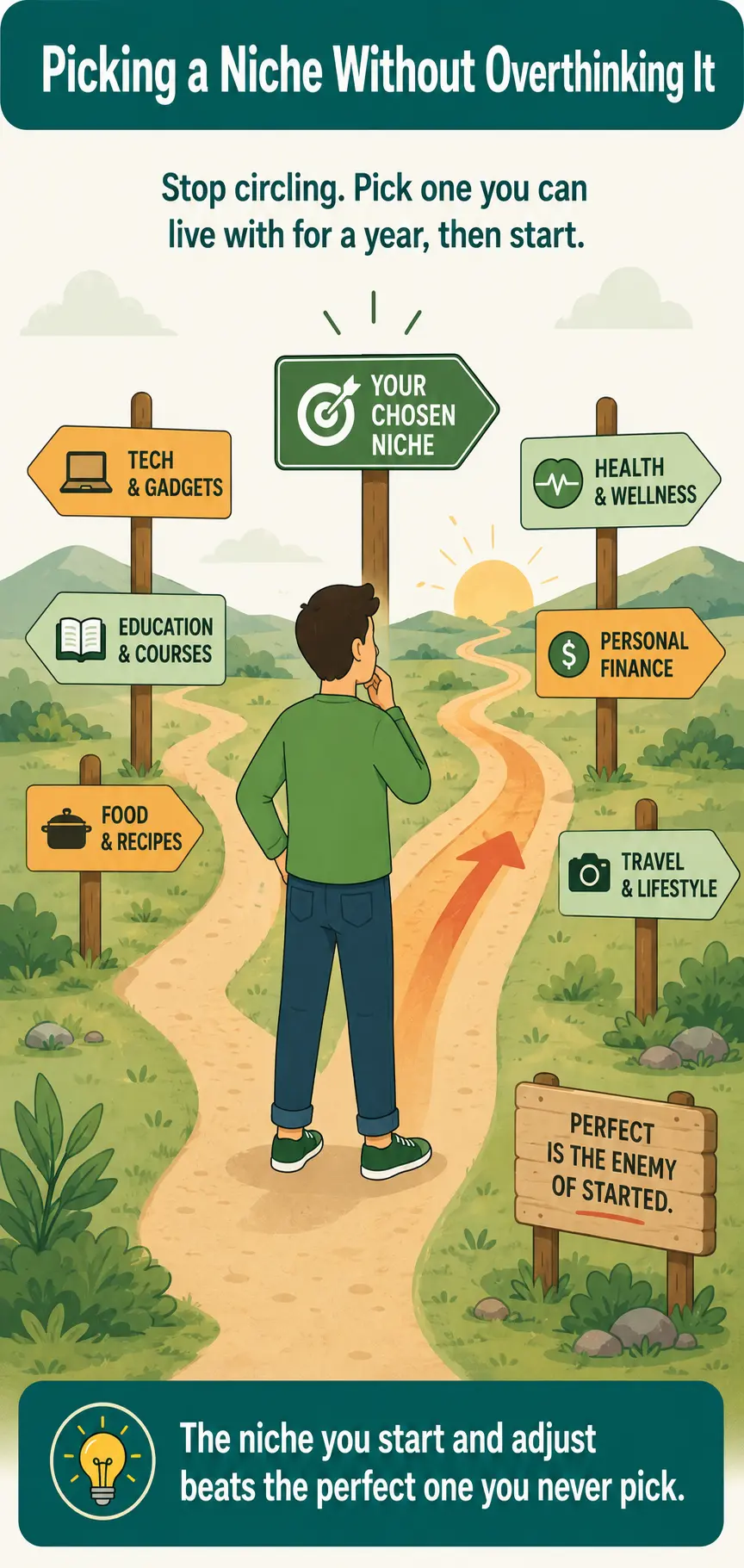 Hero infographic introducing how to pick an online business niche with AI without overthinking it, showing one figure choosing a single path among several niche signposts.