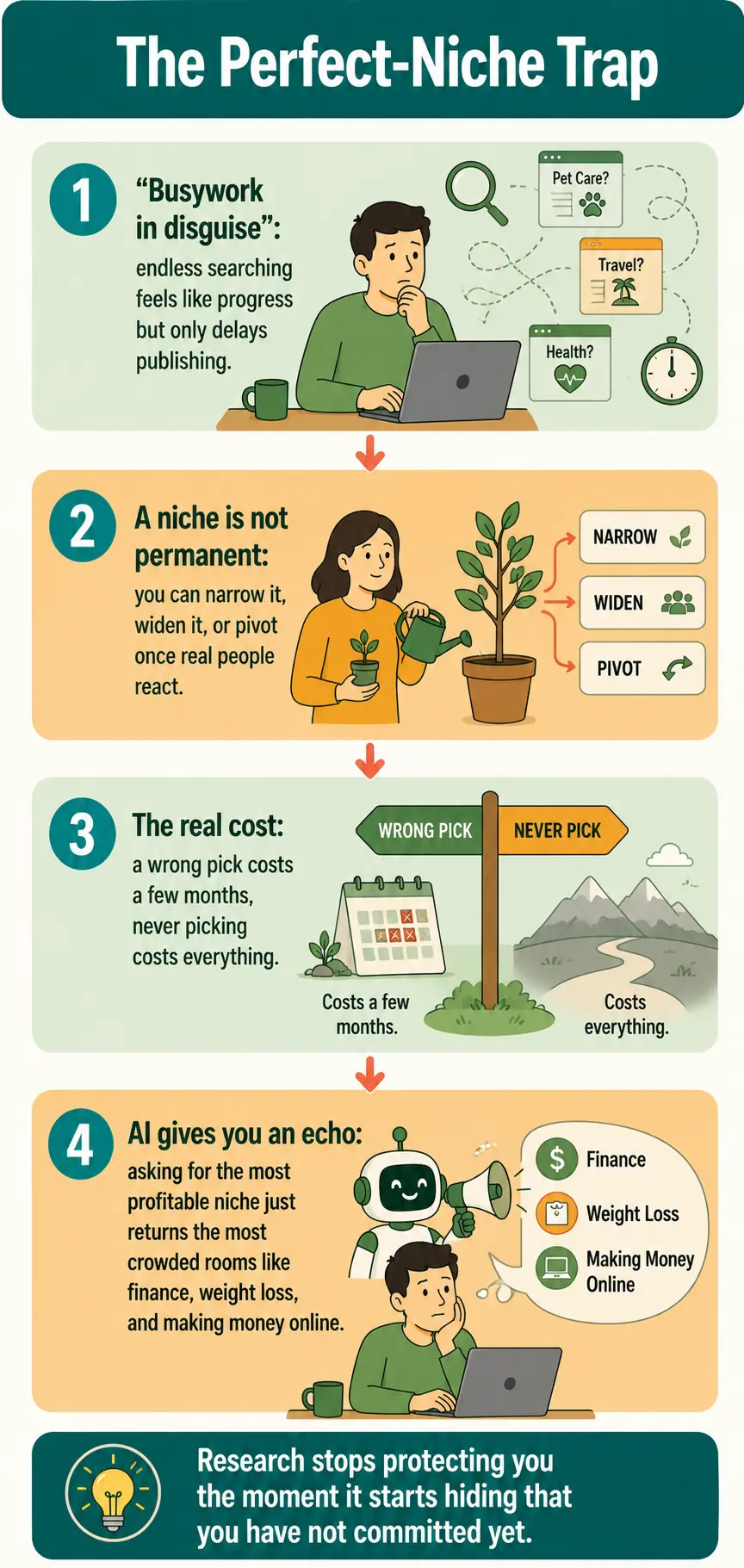 Numbered list of four reasons the perfect-niche hunt keeps you stuck: searching as busywork, a niche not being permanent, the lopsided cost of never picking, and AI returning the most crowded niches like finance and weight loss.