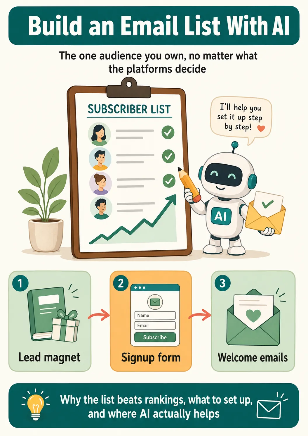 Hero infographic introducing building an email list with AI, with the subheading "The one audience you own, no matter what the platforms decide" and a preview of what the post covers.