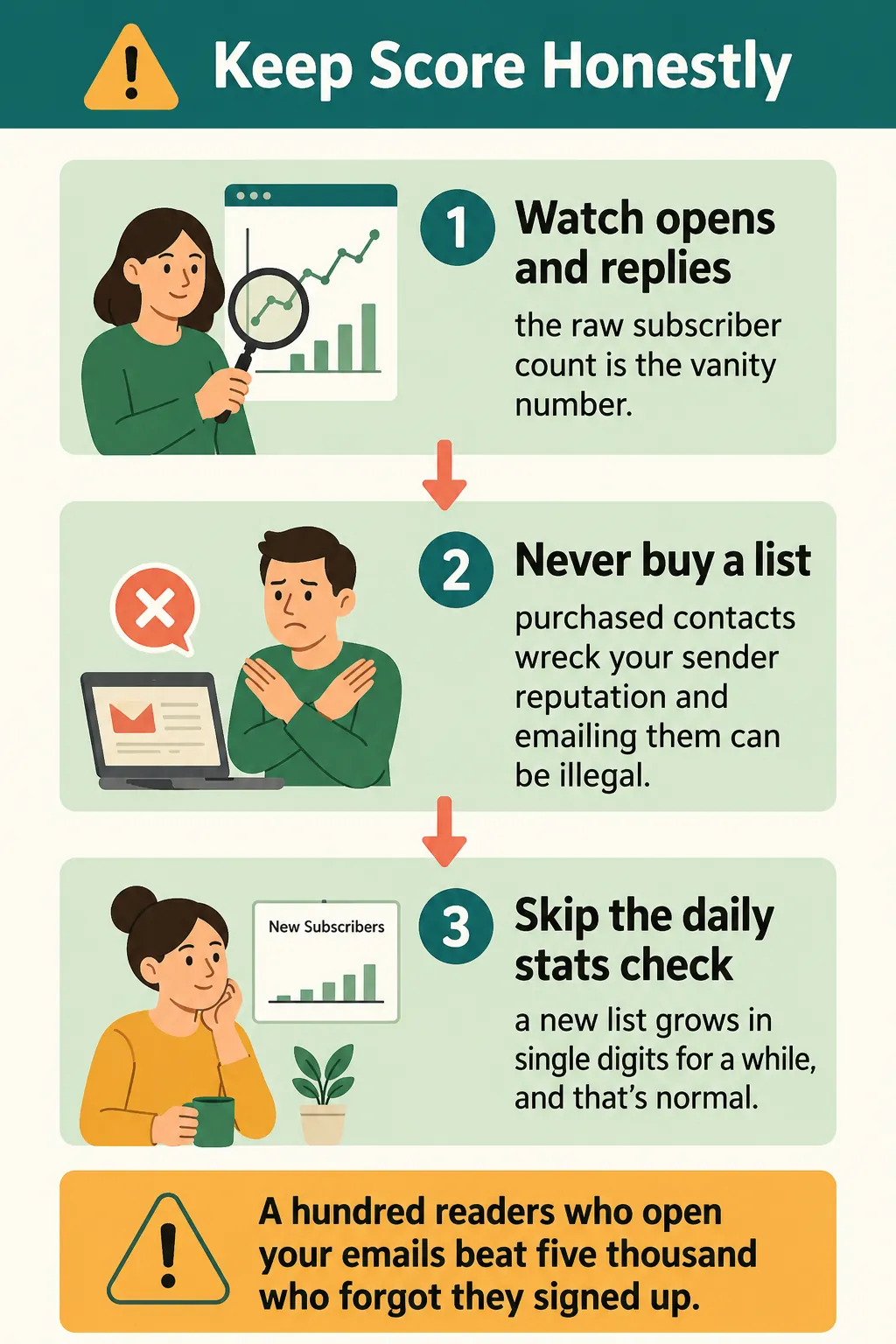 Numbered warning list about keeping score honestly: watch opens and replies instead of the raw count, never buy a list, and skip the daily stats check while the list is new.