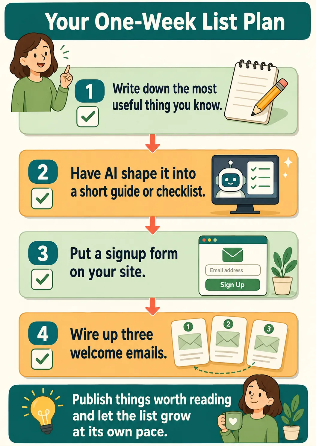 Four-item closing checklist for a one-week email list plan: write down what you know, have AI shape it into a guide, add a signup form, and wire up three welcome emails.