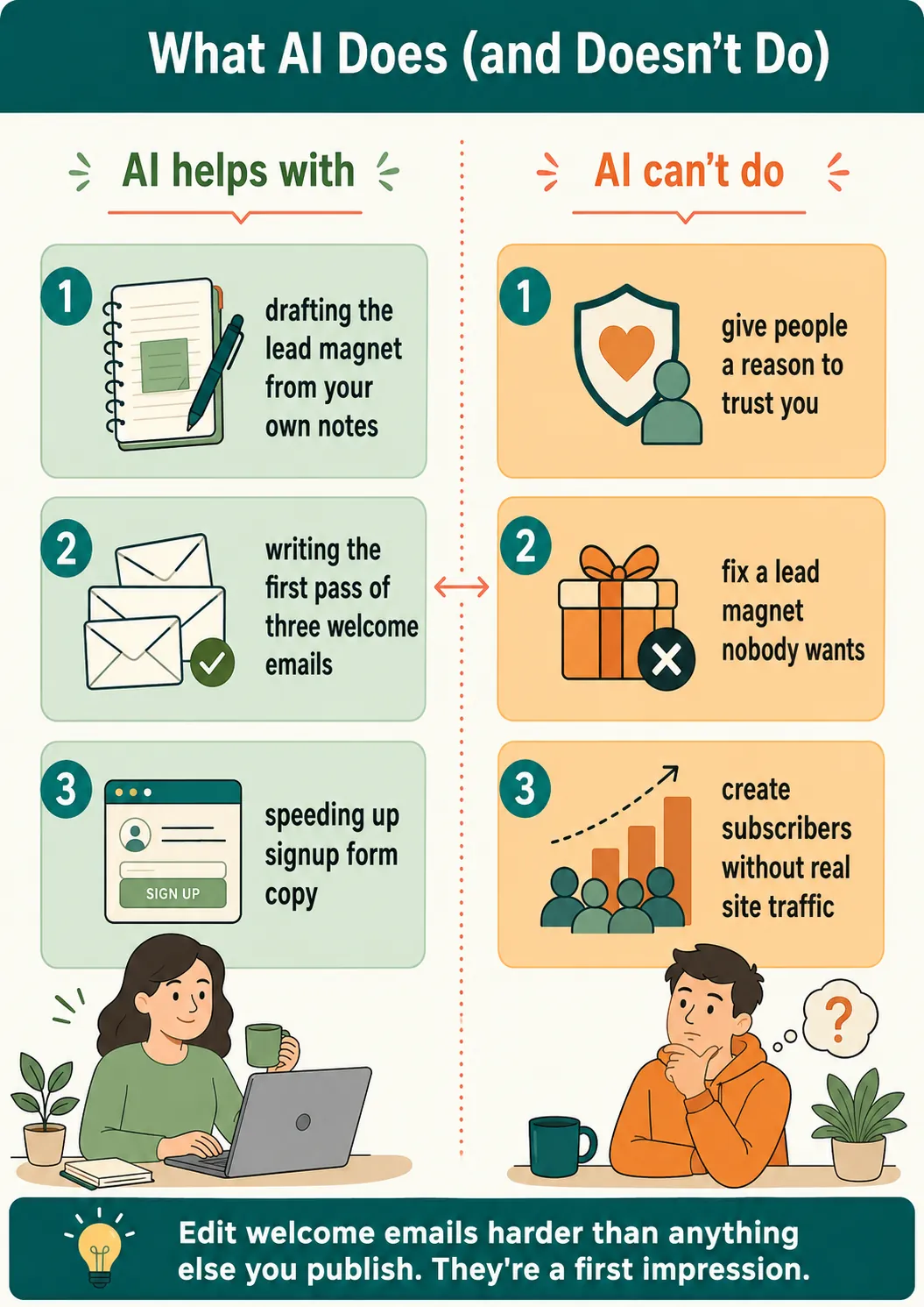 Two-column comparison showing AI helps draft the lead magnet, welcome emails, and form copy, but cannot create trust, fix a weak offer, or produce subscribers without traffic.