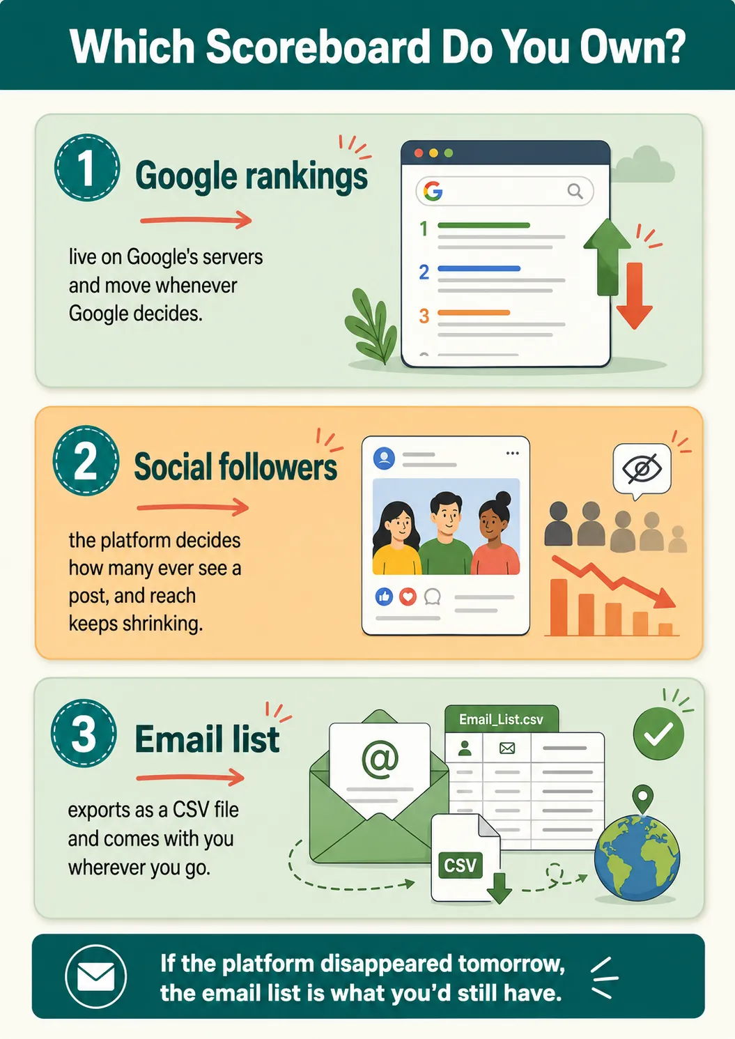 Comparison of three scoreboards showing that Google rankings and social followers belong to the platforms while an email list exports as a CSV and stays yours.